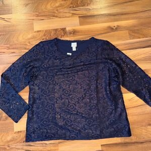 Chicos Foil Lace Top Long Sleeve Knit Navy Blue Size‎ 2 holiday work office NWT
